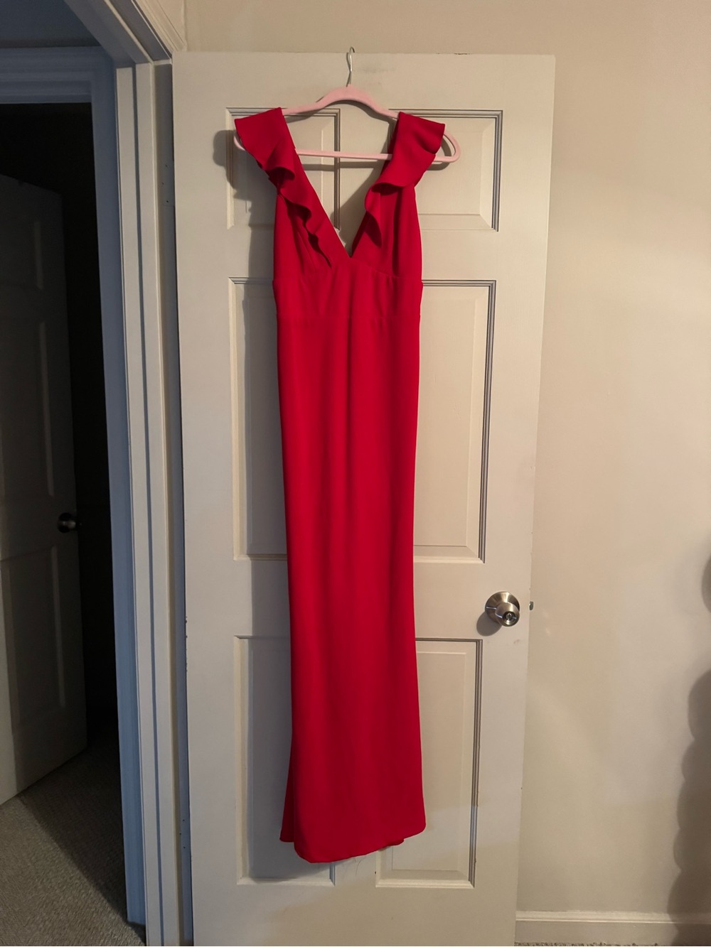 Lulu's Bright Red Ruffle Shoulder V-Neck Prom Gown